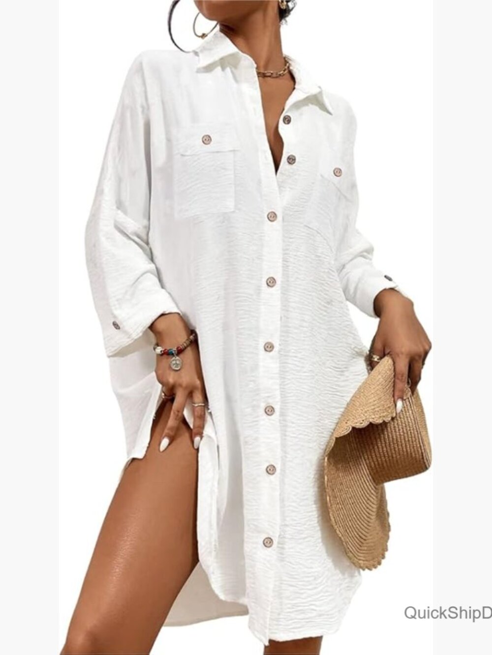 Polyester Elastane Modern Swimsuit Cover Up Button Down Shirt